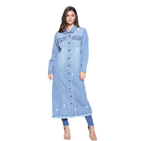 NWT Long Line Distressed Denim Coat, Button Down Duster, Pockets, Faded Blue - Picture 3 of 6